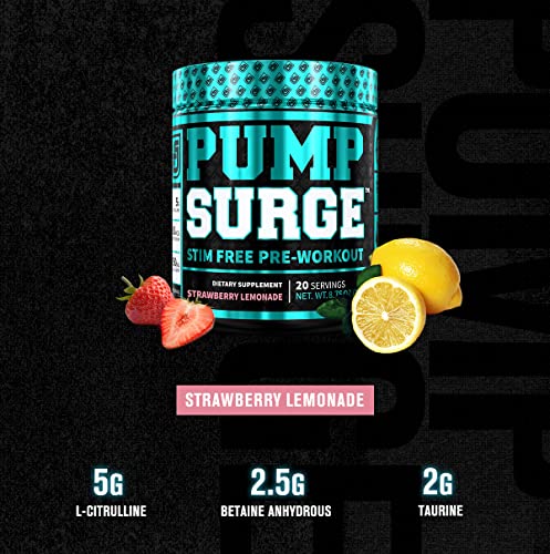 PUMPSURGE Caffeine Free Pump & Nootropic Pre Workout Supplement - Non Stimulant Preworkout Powder & Nitric Oxide Booster - 20 Servings, Strawberry Lemonade Flavor