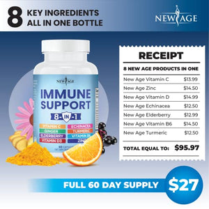 8 in 1 Immune Support Booster Supplement with Elderberry, Vitamin C and Zinc 50mg, Vitamin D 5000 IU, Turmeric Curcumin & Ginger, B6, Echinacea - 120 Count - 2 Pack