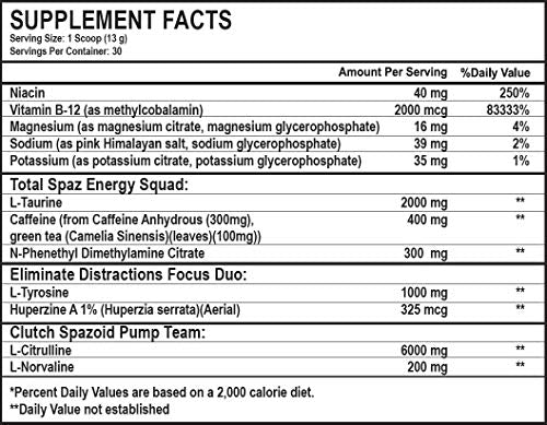 Tim Muriello's Spazmatic Preworkout (Strawberry) - 400mgs Caffeine - 6 Grams Pure Citrulline for Muscle Pumps- Fast Acting Focus - 30 Full Servings - All-In-1-Scoop Formula