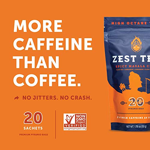 Zest 150mg High Caffeine Energy Leaf Blend - Spicy Masala Chai Black Tea - 20 Pack Bag - All Natural Strong Flavored Healthy Coffee Alternative Highly Caffeinated Substitute - Perfect for Keto Diet