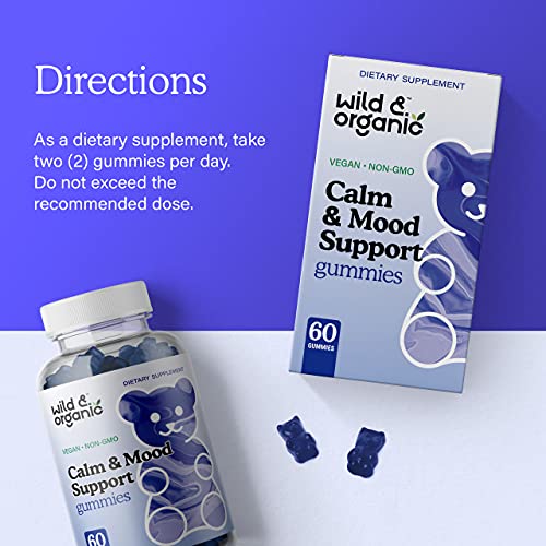 Wild & Organic Calm & Mood Support Gummies - Herbal Supplement with Magnesium, L-Theanine, Ashwagandha, Lemon Balm & Bacopa - Support Calmness, Alertness, Stress Relief - Vegan, Non-GMO - 60 Chews