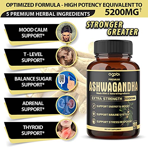 5in1 Premium Ashwagandha Capsules, High Extracted Capsule Equivalents to 5200mg Powder. Added Turmeric, Rhodiola Rosea, Ginger, Black Pepper. Strength and Spirit Support - 1Pack - 180 Caps - 6 Months