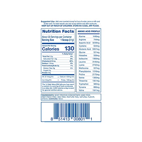 Pure Label Nutrition 100% USA Grass-Fed Whey Protein Concentrate, 2lb Vanilla, Non-GMO, rBGH Free, Soy Free, Gluten Free, Low Carbs and Low Fat, No Sugar Added, Keto Friendly