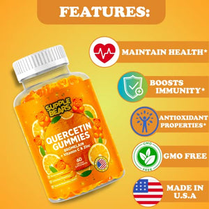 Supplebears Quercetin with Bromelain Gummies - Vitamin C + Zinc & Vitamin D3 – Extra Strength Immune Support Booster for Kids and Adults - 60 Quercetin Gummies - Made in The USA