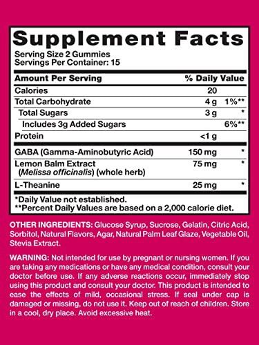 Stress Less Gummies | GABA, L Theanine, Lemon Balm | 30 Count | Non-GMO & Gluten Free | Lemon Strawberry Flavor | by Pink