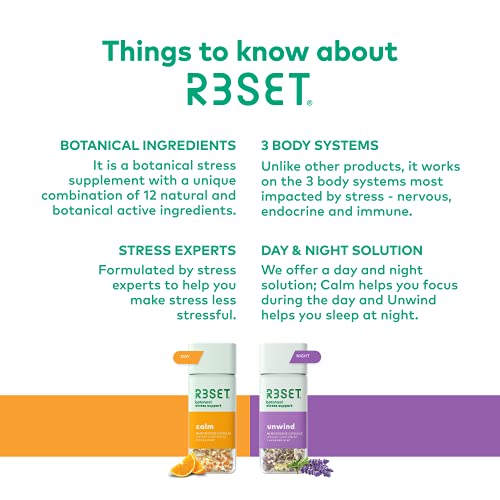 R3SET Day & Night Combo, Stress & Mood Supplement, Sleep Support, with Ashwagandha, Chamomile, Vitamin D3, Omega 3, Valerian Root, L-Theanine & GABA, 28 Veg Capsules, 0 Sugar 0 Cals 0 Carbs