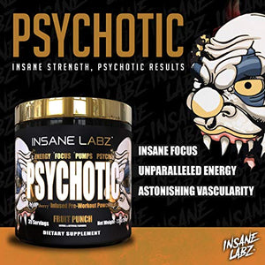 Insane Labz Psychotic Gold, High Stimulant Pre Workout Powder, Extreme Lasting Energy, Focus, Pumps and Endurance with Beta Alanine, DMAE Bitartrate, Citrulline, NO Booster, 35 Srvgs, Gummy Candy