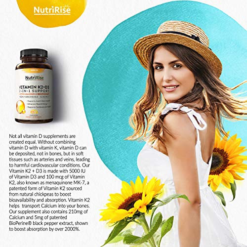 Vitamin K2 + D3 5000 IU Supplement with Calcium & BioPerine. Maximum Absorption. Supports Healthy Heart, Bones & Teeth. Powerful Immune System, Energy & Mood Enhancer. No Fillers, Gluten-Free Capsules