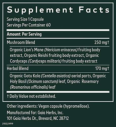 Gaia Herbs, Mushrooms + Herbs Mental Clarity, Brain & Cognitive Support, Cordyceps, Reishi, Gotu Kola, Vegan Powder Capsules, 60 Count