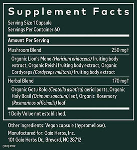 Gaia Herbs, Mushrooms + Herbs Mental Clarity, Brain & Cognitive Support, Cordyceps, Reishi, Gotu Kola, Vegan Powder Capsules, 60 Count