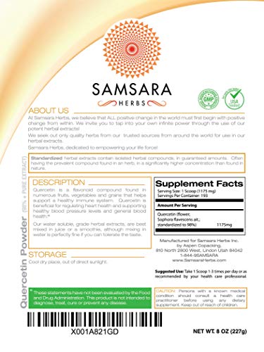 Samsara Herbs Quercetin 98%+ Pure Extract Powder (8oz/226g) - Equal to 452 x 500mg Capsules - Natural Antihistamine, Antioxidant and Immune Support