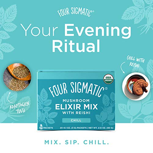 Four Sigmatic Reishi Mushroom Elixir, Organic Reishi Mushroom Powder with Tulsi & Mint, Support Stress & Sleep, Decaf, Pack of 20