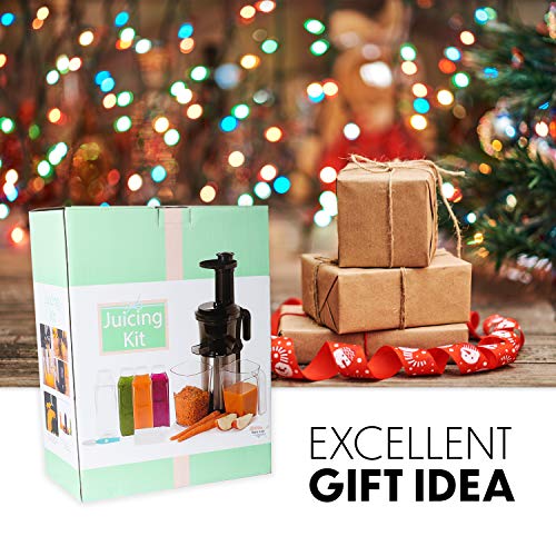 Small Cold Press Juicer With 16 oz Plastic Juice Bottles With White Caps And Juicing Recipe Book, Includes Funnel And Brush