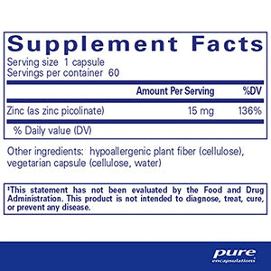 Pure Encapsulations Zinc 15 mg | Zinc Picolinate Supplement for Immune System Support, Growth and Development, Wound Healing, Prostate, and Reproductive Health* | 60 Capsules