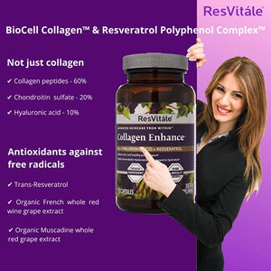 ResVitale Collagen Enhance Anti Aging Skin Care Collagen Supplement - Hydrolyzed Collagen Peptides with Hyaluronic Acid and Resveratrol - Skin Food & Joint Support Collagen Capsules, 1000mg, 120 Caps