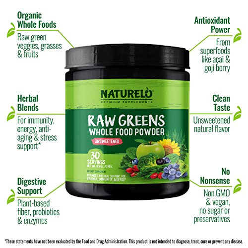 NATURELO Raw Greens Superfood Powder - Unsweetened - Boost Energy, Detox, Enhance Health - Organic Spirulina - Wheat Grass - Whole Food Nutrition from Fruits and Vegetables - 30 Servings