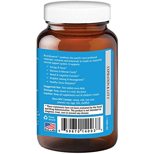 Pure Essence Labs Brain Essence - Memory Supplement & Vitamin for Men, Women & Adults - Herbal Booster for Memory, Focus, Clarity & Stress Relief - Bacopa Monnieri, Ashwagandha & More (30 Tablets)
