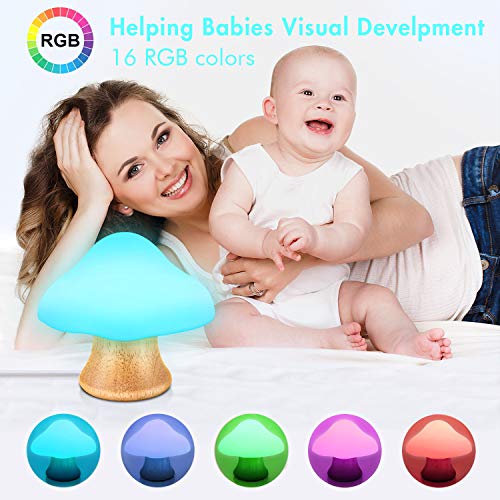 Children's Night Light ANGTUO Wooden Mushroom Lamp Silicone LED Bedside Nursery for Baby Breastfeeding Kids Bedroom - 16 Color Changing - 4 Brightness - 4 Light Mode Control by Remote. New Style