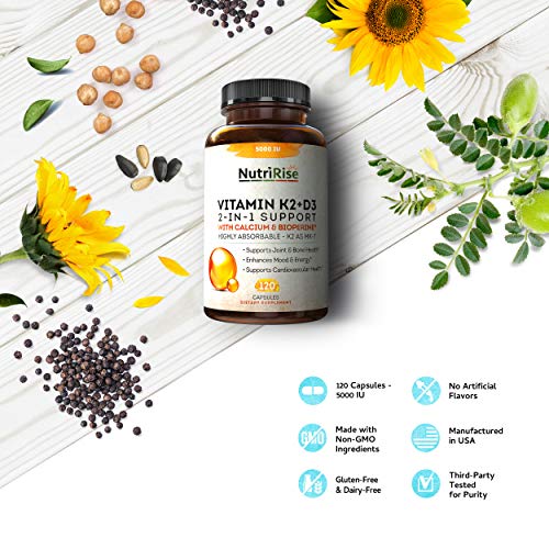 Vitamin K2 + D3 5000 IU Supplement with Calcium & BioPerine. Maximum Absorption. Supports Healthy Heart, Bones & Teeth. Powerful Immune System, Energy & Mood Enhancer. No Fillers, Gluten-Free Capsules