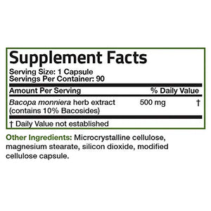 Bronson Bacopa Monnieri Extract 500 mg - Promotes Mental Clarity and Brain Function - Non GMO, 90 Vegetarian Capsules