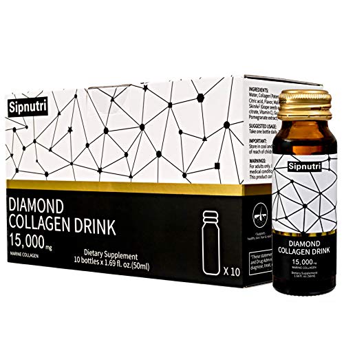 Sipnutri Diamond Liquid Collagen Drink, 15000mg Marine Collagen with Vitamin C, Pomegranate Extract, Horsetail Extract, Healthy Hair Skin Nails Joints Bones Support, 50ml x 10 Bottles