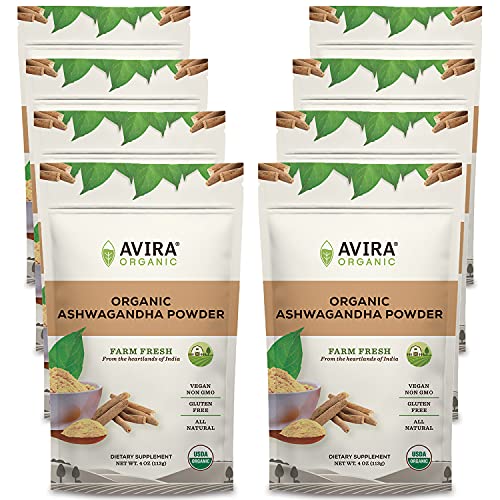 Avira Organic Ashwagandha Powder, Indian Ginseng, Allergen Free, Vegan, Non-GMO, Super Food, Easy To Mix In Smoothies, Baking, Tea And Lattes, Resealable 32 Oz Bag, Off-white