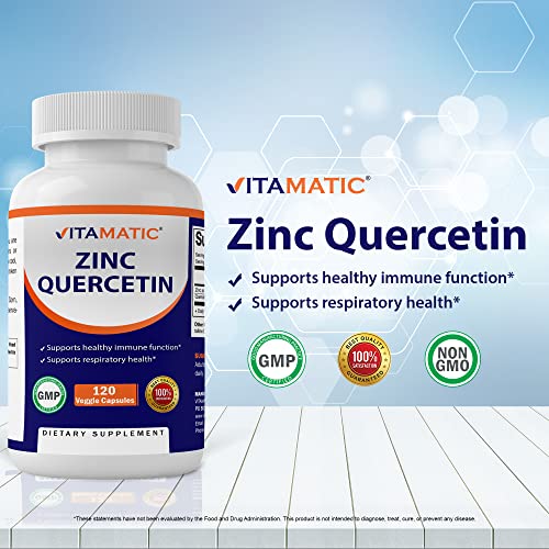 Vitamatic Zinc Quercetin - 120 Vegetarian Capsules - Zinc as Zinc Citrate 30mg & Quercetin Dihydrate 500 mg per Serving - Immune Support
