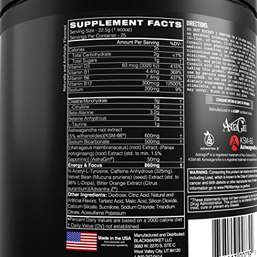 BLACKMARKET Bulk Pre Workout - Preworkout Energy Drink for Men 25 Servings of Blue Razz Flavored - Pre-Workout Drink Powder with Creatine