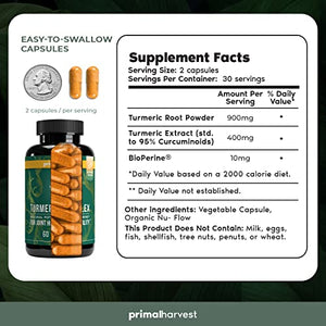 Turmeric Curcumin with Black Pepper (BioPerine) by Primal Harvest, 60 Turmeric Capsules works as Anti Inflammatory Supplement, Joint Supplement, Inflammation supplements - Tumeric Supplements Capsules
