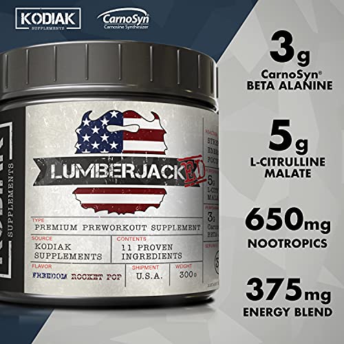 LUMBERJACKED Pre-Workout Supplement with CarnoSyn by Kodiak Supplements - 30 Servings - Better Pumps, Strength, Energy, and Focus - No Crash (Freedom Rocket)