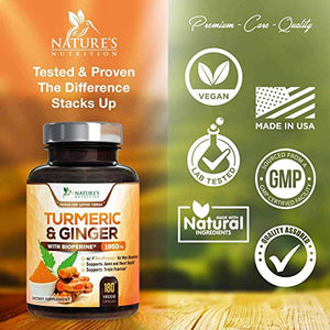 Turmeric Curcumin with BioPerine & Ginger 95% Curcuminoids 1950mg - Black Pepper for Absorption, Made in USA, Natural Immune Support, Turmeric Ginger Supplement by Natures Nutrition - 180 Capsules
