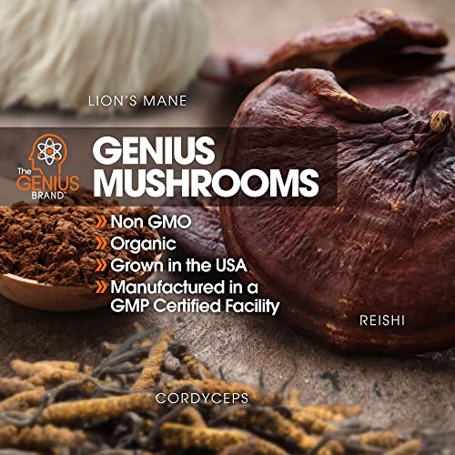 Genius Mushroom – Lions Mane, Cordyceps and Reishi – Immune System Booster & Nootropic Brain Supplement – Wellness Formula for Natural Energy, Stress Relief, Memory & Liver Support, 90 Veggie Pills