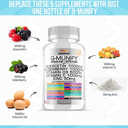 Quercetin Zinc Vitamin C Bromelain Supplement Immune Support Defense w Vit D3 5000IU Elderberry 1000mg Artemisinin Sea Moss Turmeric Ginger Probiotics Echinacea Garlic Nettle Reishi L Lysine -USA 60ct