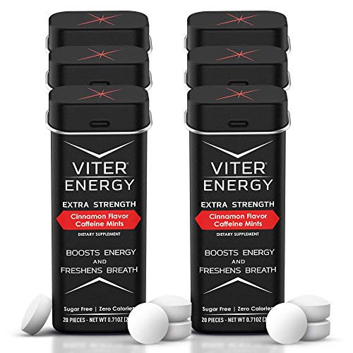 Viter Energy Extra Strength Caffeinated Mints - 80mg Caffeine, B Vitamins, Sugar Free Vegan Breath Mint. Powerful Energizing Boost. 1 Mint Replaces 1 Coffee, Gum, Chews, Gummies (Cinnamon, 6 Pack)