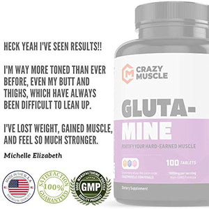 Crazy Muscle Keto Friendly L Glutamine Capsules 1000mg, Post Workout Supplement to Increase Recovery, Decrease Delayed Onset Muscle Soreness, Reinforce Strength Gains & Heal Leaky Gut (100 Pills)