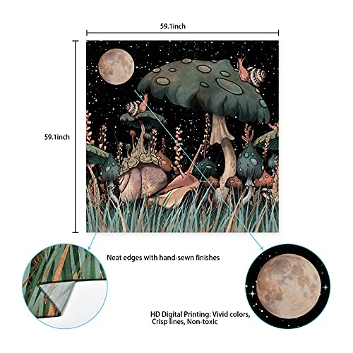 Trippy Mushroom Tapestry Moon and Stars Tapestry Snail Tapestry Fantasy Plants and Leaves Tapestry Wall Hanging for Room(59.1 x 59.1 inches)