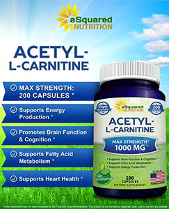 Acetyl L-Carnitine 1000mg Max Strength - 200 Veggie Capsules - High Dosage Acetyl L Carnitine HCL (ALCAR) Supplement Pills to Support Pure Energy, Brain Function & Fatty Acid