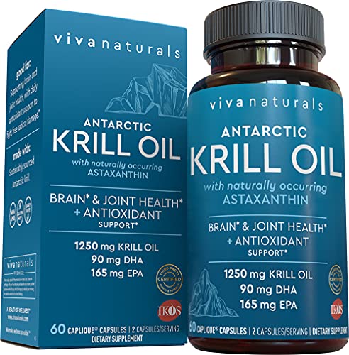 Krill Oil Supplement 1250mg - Antarctic Krill Oil Omega 3 Providing Astaxanthin, DHA and EPA, Joint Support and Brain Supplement with No Fishy Aftertaste (60 Capsules)