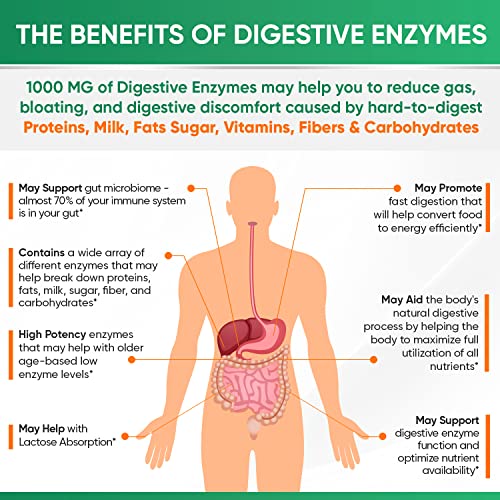 Digestive Enzymes 1000MG Plus Prebiotics & Probiotics Supplement, 180 Capsules, Organic Plant-Based Vegan Formula for Digestion & Lactose with Amylase & Bromelain, 3-6 Month Supply