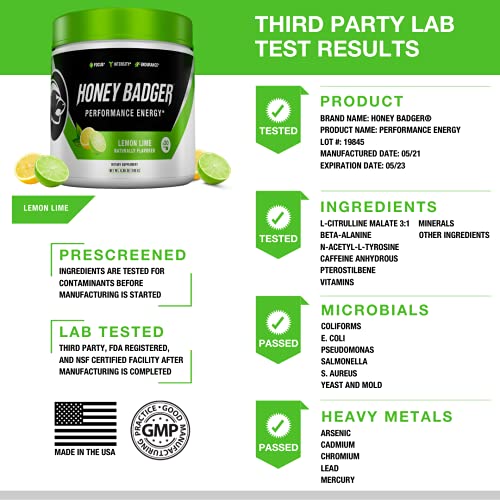 Honey Badger Pre Workout Powder | Vegan Keto Lemon Lime Preworkout | Natural Energy for Men & Women | Beta Alanine, Caffeine & Vitamin C for Immune Support | Sugar Free & Paleo | 30 Servings