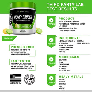 Honey Badger Pre Workout Powder | Vegan Keto Lemon Lime Preworkout | Natural Energy for Men & Women | Beta Alanine, Caffeine & Vitamin C for Immune Support | Sugar Free & Paleo | 30 Servings