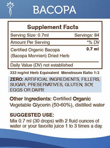 Bacopa Alcohol-Free Liquid Extract, Organic Bacopa (Bacopa Monnieri) Dried Herb Tincture Supplement (2 fl oz)