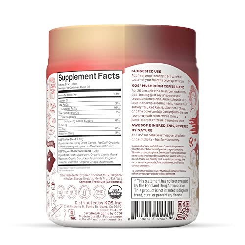 KOS Mushroom Coffee - Dark Chocolate Mocha Flavor - Organic Instant Coffee Mix with Reishi, Cordyceps, Lion's Mane, Chaga & Turkey Tail Mushrooms