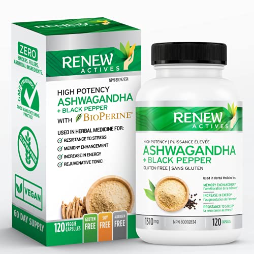 Renew Actives Organic ASHWAGANDHA Capsules: 1300 Mg of Ashwagandha with 10 Mg of Black Pepper - Powerful Herbal Supplement Traditionally Used to Support Sleep - 120 Veggie Supplements. Non-GMO