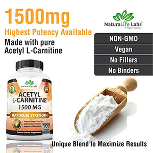 Acetyl L-Carnitine 1,500 mg High Potency Supports Natural Energy Production, Supports Memory/Focus - 100 Veggie Capsules