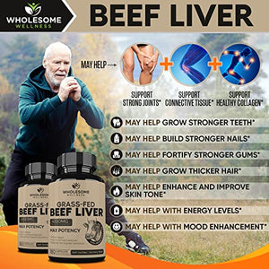 Grass Fed Desiccated Beef Liver Capsules (180 Pills, 750mg Each) - Natural Iron, Vitamin A, B12 for Energy - Humanely Pasture Raised Undefatted in New Zealand Without Hormones or Chemicals