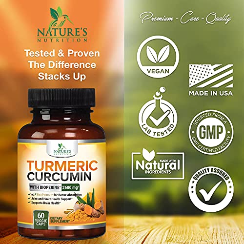 Turmeric Curcumin with Bioperine 95% Curcuminoids 2600mg with Black Pepper for Best Absorption, Made in USA, Best Vegan Joint Support, Turmeric Supplement Pills by Natures Nutrition - 60 Capsules