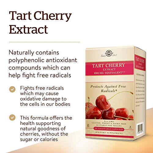 Solgar Tart Cherry 1000 mg, 90 Vegetable Capsules - Antioxidant with Quercetin, Chlorogenic Acid & Anthocyanins Compounds - Non GMO, Vegan, Gluten Free, Dairy Free - 90 Servings