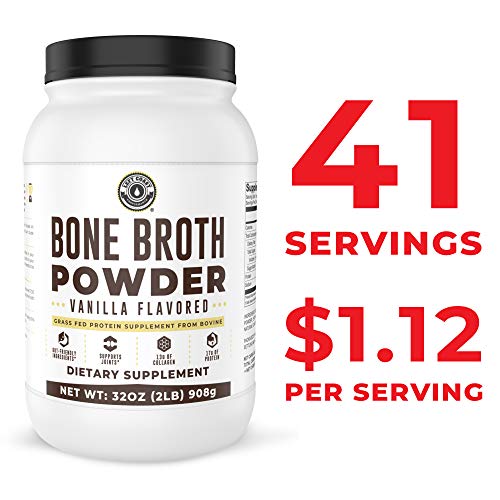 Bone Broth Protein Powder, Vanilla, Grass Fed, 2 lbs / 42 Servings, Large 32 oz Size, Low Carb, Keto Friendly, Contains Collagen, Non-GMO Ingredients, Hormone Free by Left Coast Performance