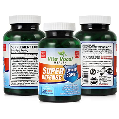 Vitavocal Immune Booster Super Defense Supplement Vitamins with Powerful Antioxidants; Echinacea, Zinc, Thyme Leaf, Ginger Root, Garlic Bulb and More – 120 + 30 Free Vegetarian Capsules